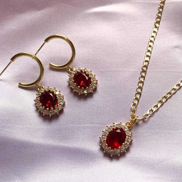 Gorgeous gold plated red oval crystal with diamanté detailing handmade necklace, drop dangle half hoop earrings or jewellery set