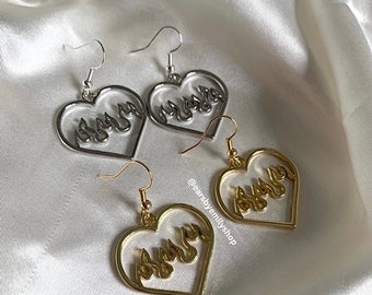 Cool silver or gold heart with flame drop dangle earrings on 18k gold plated or silver plated hooks