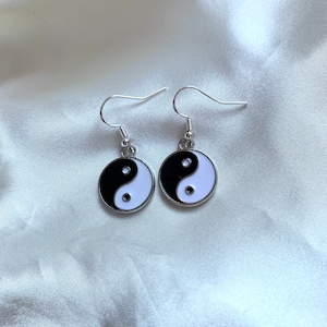 Cool fun quirky black and white ying yang earrings on silver plated hooks