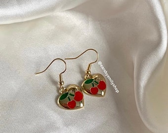 Cool red cherry  in gold heart  drop dangle earrings on a 18k gold plated hooks