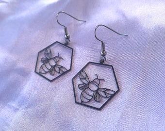 Cool quirky bumble bee in honeycomb hexagon drop dangle stainless steel earrings
