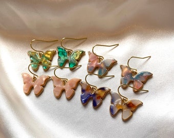 Beautiful marbled enamel butterfly handmade drop dangle earrings on 18k gold plated hook