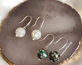 Sterling silver mosical mother of pearl disco ball handmade drop dangle earrings