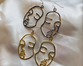 Cool quirky handmade gold or silver plated hollow face drop dangle earrings