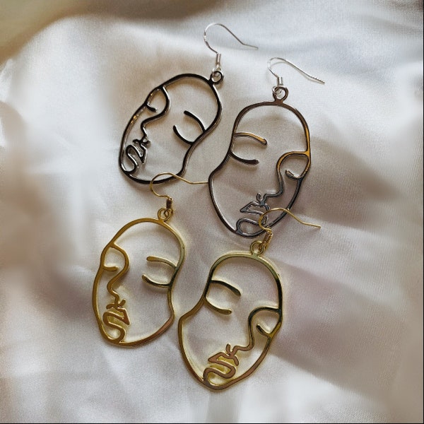 Cool quirky handmade gold or silver plated hollow face drop dangle earrings