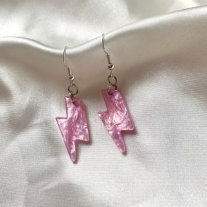 Pink Glitter Lightning Bolt Earrings: Handmade Resin Dangle Earrings silver hypoallergenic surgical steel hooks