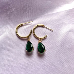 Gorgeous green teardrop crystal gold plated half hoop drop dangle handmade earrings