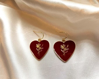 Cool dark red heart with gold rose on 18k gold plated hook drop dangle handmade earrings.