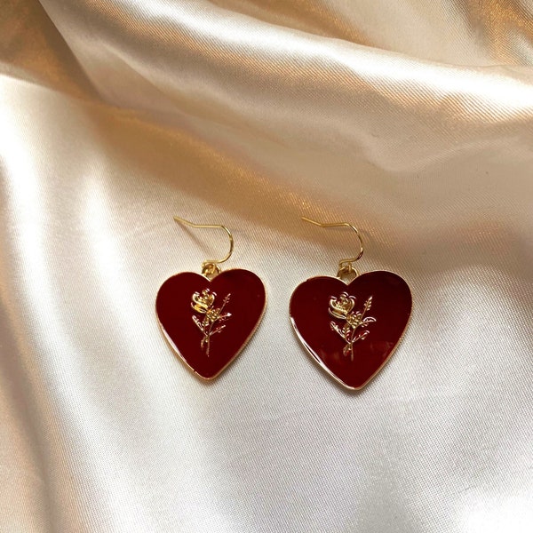 Cool dark red heart with gold rose on 18k gold plated hook drop dangle handmade earrings.