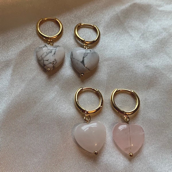 Gorgeous 24k gold plated handmade heart crystal huggie hoop earrings with howlite or rose quartz crystals // gifts for her