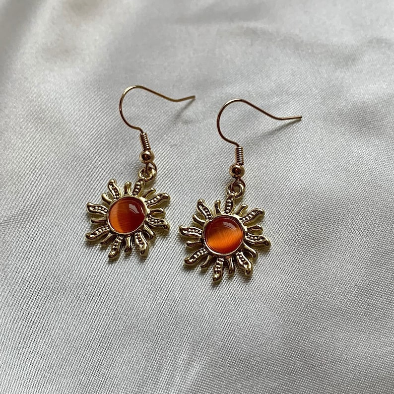 Cool gold orange feature sun earrings with orange centre on 18k gold plated hooks image 2