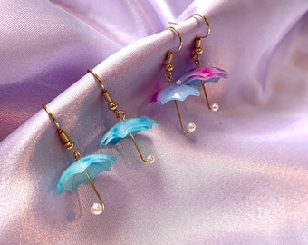 Cool fun quirky blue purple umbrella drop dangle handmade earrings on 18k gold plated hooks