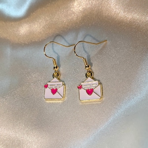 Cool pink and white love letter handmade drop dangle earrings on a 18k gold plated hook