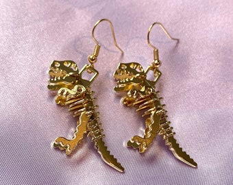 Gold Plated Dino T-Rex Skeleton Dangle Earrings