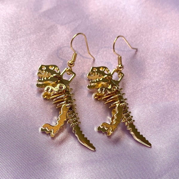 Cool quirky gold plated Dino trex skeleton handmade dinosaur drop dangle handmade earrings on 18k gold plated hook