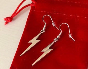 Handmade Silver Plated Lightning Bolt Dangle Earrings on silver hypoallergenic surgical steel hooks