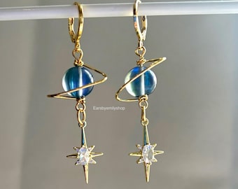 Gold Plated Saturn Planet Hoop Earrings with Diamanté Star