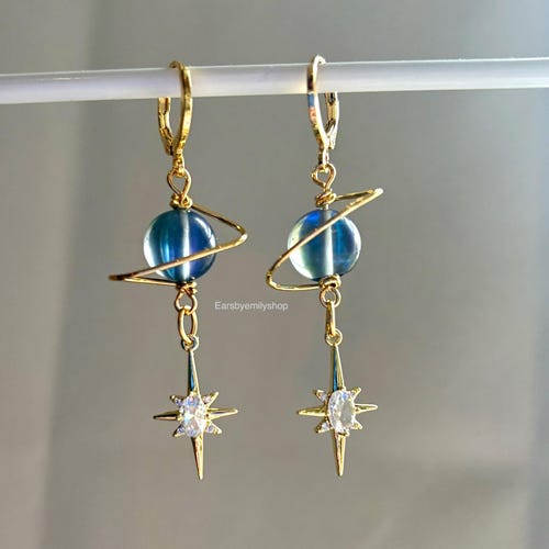 Gold Plated Saturn Planet Hoop Earrings with Diamanté Star