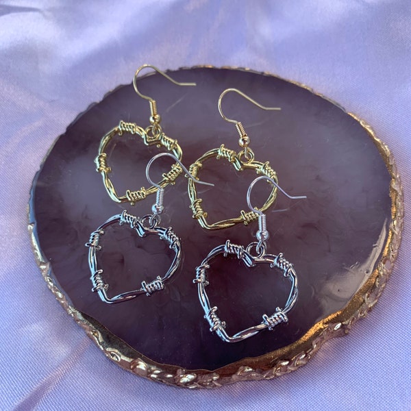 Barbed Wire Heart Earrings: Quirky Silver or Gold Plated Dangle