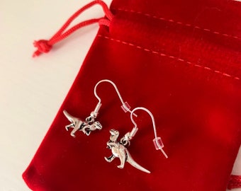 Cool handmade quirky silver plated trex dinosaur Dino drop dangle earrings