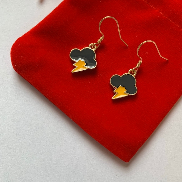 Cute dark grey cloud and yellow lightning handmade drop dangle earrings on a 18kt gold plated hook