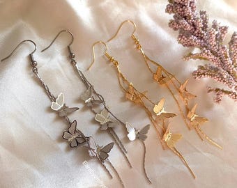 18k Gold or Silver Butterfly Dangle Earrings: Silver Plated Chain Trio