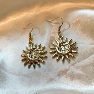 Stunning gold sun and moon celestial face drop dangle handmade earrings on 18k gold plated hooks