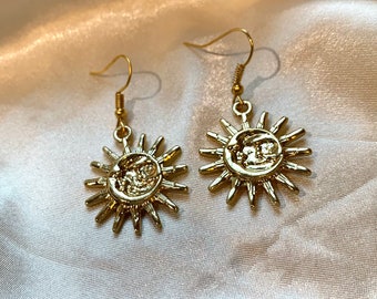 Stunning gold sun and moon celestial face drop dangle handmade earrings on 18k gold plated hooks