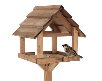 Houten vogelvoederbak met standaard, voederstation, tafel, vogelhuis,