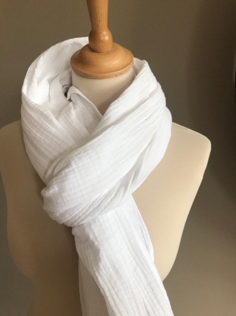 foulard chèche étole ou snood en double gaze de coton Blanc