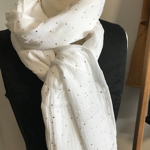 foulard chèche étole en double gaze de coton motifs brillants Blanc