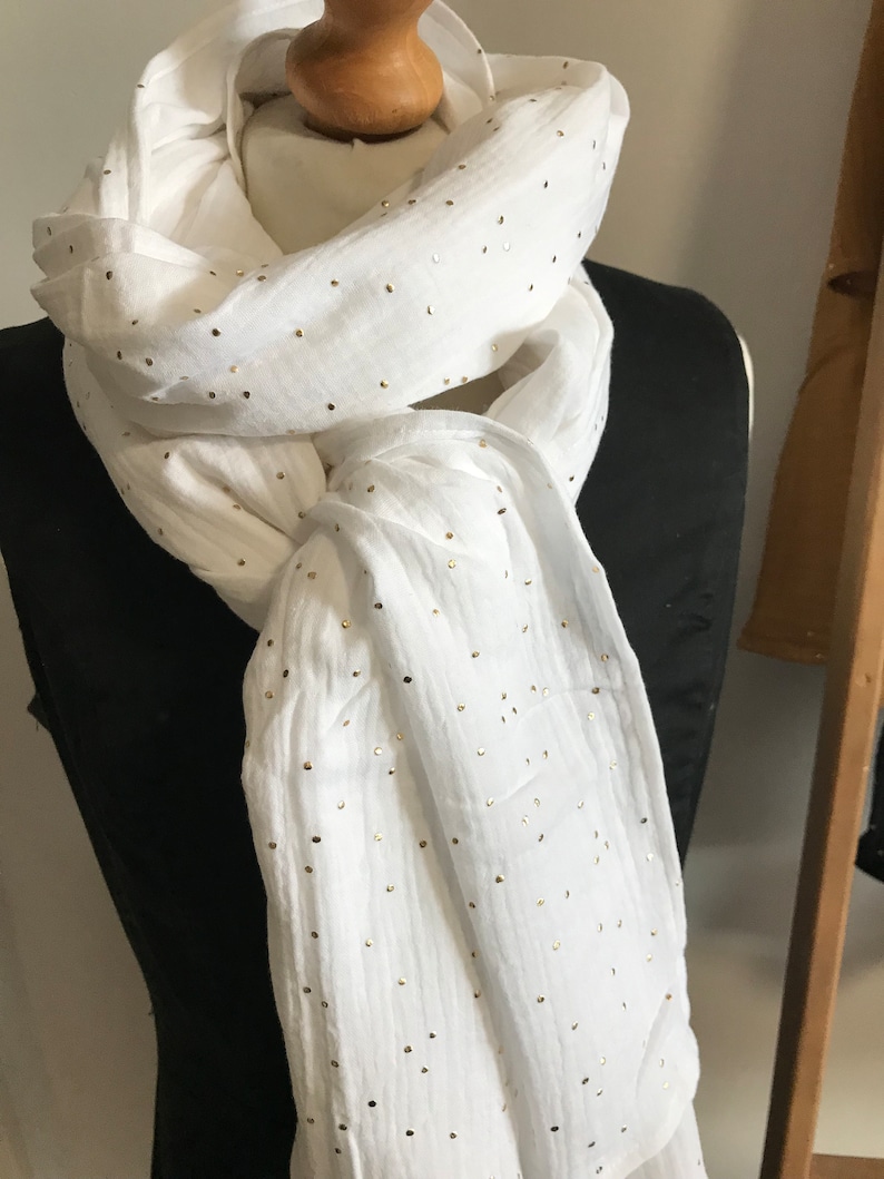 foulard chèche étole en double gaze de coton motifs brillants Blanc