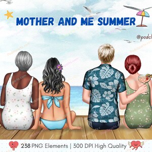 Estate madre e figli, Clipart per famiglia sulla spiaggia, Clipart per fratello e sorella, Clipart per coppie, Clipart bikini, Bambini estivi, Download istantaneo - CA507