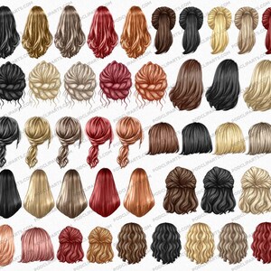 May include: A set of 40 digital illustrations of different hairstyles for women. The hairstyles are drawn in a cartoon style and feature a variety of colors, including blonde, brown, red, and black.