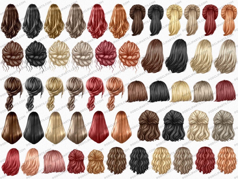 May include: A set of 40 digital illustrations of different hairstyles for women. The hairstyles are drawn in a cartoon style and feature a variety of colors, including blonde, brown, red, and black.