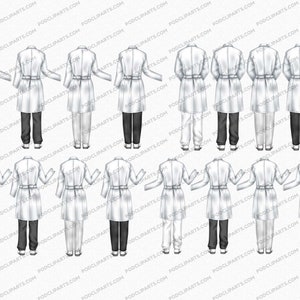 Pu&ograve; includere: Un set di 12 illustrazioni di persone che indossano camici bianchi con diverse pose e combinazioni di abbigliamento. Le illustrazioni sono disegnate in uno stile semplice e cartonato.