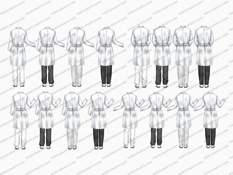 Pu&ograve; includere: Un set di 12 illustrazioni di persone che indossano camici bianchi con diverse pose e combinazioni di abbigliamento. Le illustrazioni sono disegnate in uno stile semplice e cartonato.