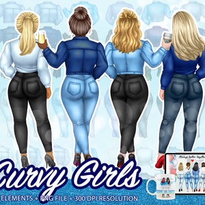 Op de afbeelding: Vier vrouwen in spijkerjacks en jeans staan ​​samen en glimlachen. De vrouwen zijn allemaal van verschillende rassen en hebben verschillende kapsels. De achtergrond is een lichtblauw patroon. De tekst "Curvy Girls" staat onderaan de afbeelding. De tekst "143 ELEMENTS + PNG FILE + 300 DPI RESOLUTION" staat onder de tekst "Curvy Girls".