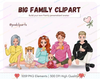 CUTE Family Clipart - Family Chibi Custom Family Portrait, Mama Tata Córka Syn Noworodek, Dziadkowie, Osoby starsze, Zjazd rodzinny PNG - CA441