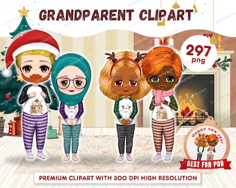 Chibi Großeltern Weihnachten Pyjama Clipart PNG, Familie Clipart, kommerzielle Nutzung, Großvater Großmutter Clipart, Großeltern Tag - CA397