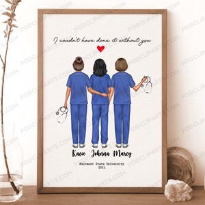 Pu&ograve; includere: Una stampa incorniciata con un'illustrazione disegnata a mano di tre donne in camice blu e un cuore rosso. Il testo recita "Non avrei potuto farcela senza di te." Sotto l'illustrazione, i nomi "Kacie, Johnna, Marcy" sono scritti, insieme a "Fairmont State University 2021."