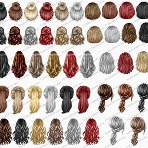 Pu&ograve; includere: Un set di 50 illustrazioni digitali di diversi stili di capelli per donne. Le acconciature sono disegnate in uno stile cartone animato e presentano una variet&agrave; di colori, tra cui nero, marrone, biondo, rosso e grigio.