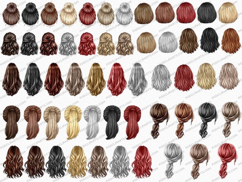 Pu&ograve; includere: Un set di 50 illustrazioni digitali di diversi stili di capelli per donne. Le acconciature sono disegnate in uno stile cartone animato e presentano una variet&agrave; di colori, tra cui nero, marrone, biondo, rosso e grigio.