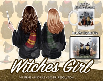 Witches Best Friends, Witch Clipart, Watercolor Witches Clipart, Halloween Clipart, Witchy Clipart, Witchcraft Magic, Wizard Clipart - CA53