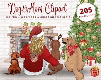 Christmas Dog Mom Clipart, Winter Holiday PNG (205 Elements)
