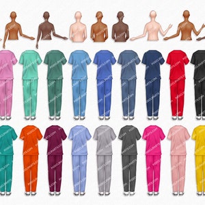 May include: A set of 30 digital illustrations of scrubs in various colours, including white, pink, teal, green, blue, red, black, purple, orange, maroon, grey, yellow, and light pink. The scrubs are shown against a white background.