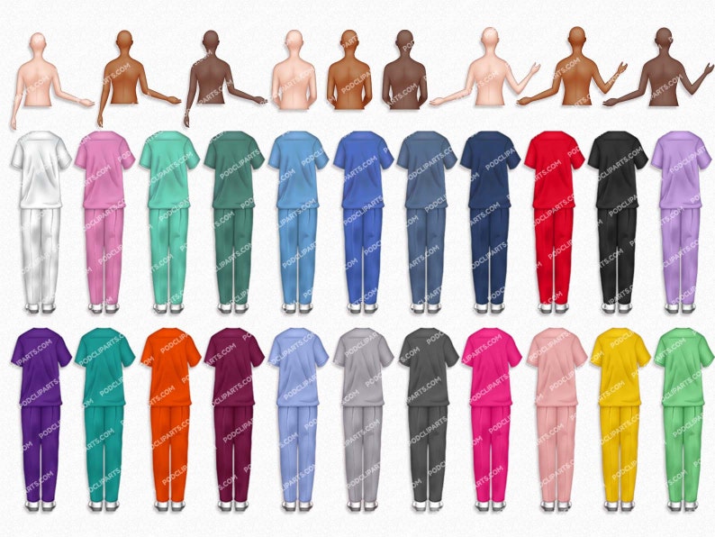 May include: A set of 30 digital illustrations of scrubs in various colours, including white, pink, teal, green, blue, red, black, purple, orange, maroon, grey, yellow, and light pink. The scrubs are shown against a white background.
