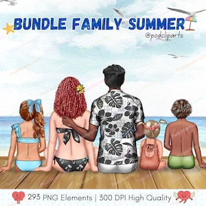 Clipart di famiglia estiva PNG, clipart di famiglia sulla spiaggia, clipart fratello sorella, clipart coppia, bikini, bambini estivi, download istantaneo - CA505