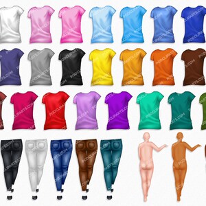May include: A set of 24 t-shirts in a variety of colours, including white, pink, light blue, purple, grey, black, yellow, orange, brown, red, magenta, lavender, green, and teal. All the t-shirts are short-sleeved and have a crew neck. There are also 6 pairs of jeans in different colours, including blue, black, white, brown, and grey. The jeans are all straight-leg and have a classic fit. There are also 3 nude figures in different poses.