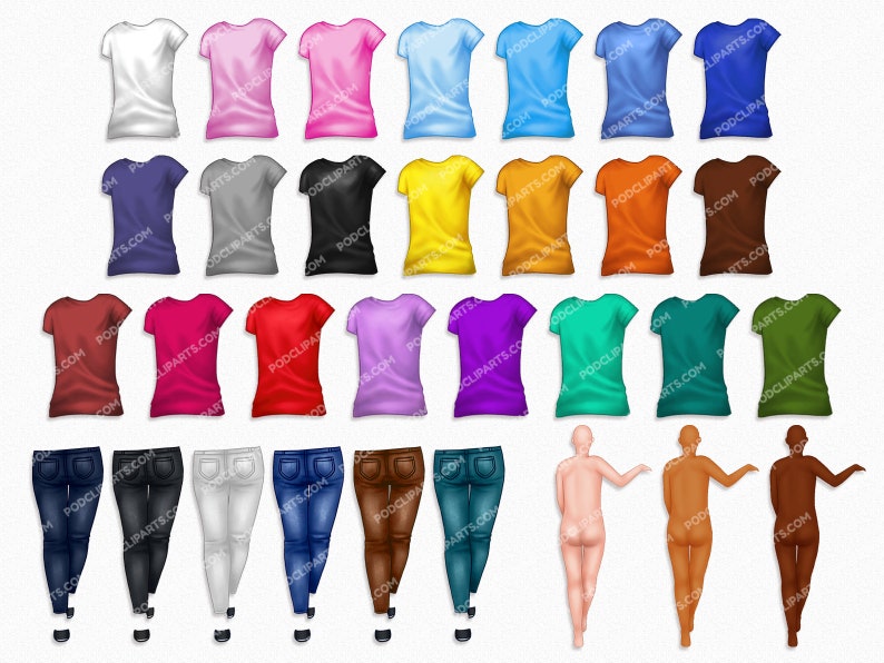 May include: A set of 24 t-shirts in a variety of colours, including white, pink, light blue, purple, grey, black, yellow, orange, brown, red, magenta, lavender, green, and teal. All the t-shirts are short-sleeved and have a crew neck. There are also 6 pairs of jeans in different colours, including blue, black, white, brown, and grey. The jeans are all straight-leg and have a classic fit. There are also 3 nude figures in different poses.